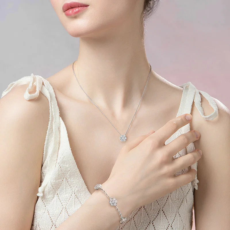 Flower Bracelets with Shiny Moissanite Sterling Silver Adjustable Wedding Anniversary Luxury Gifts Necklace Bracelet Jewelry Set
