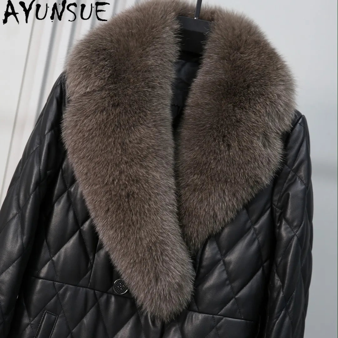 AYUNSUE Fox Fur Collar Genuine Leather Down Jacket Women Winter Clothes 2025 Mid-length Sheepskin Coat for Woman Jaqueta Couro