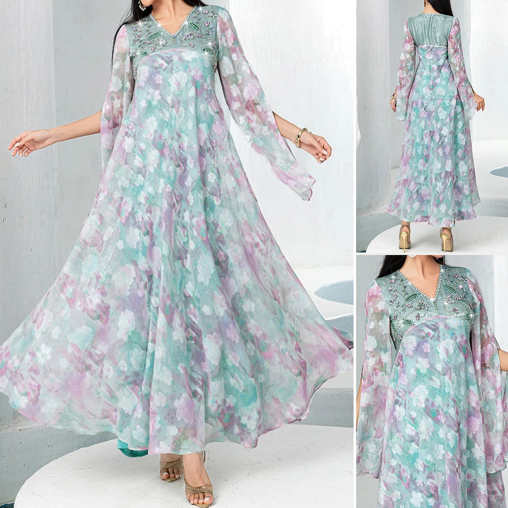Rafiah Summer Dress 2025 Women's Elegant Embroidered Flares Long Sleeve V-Neck Dating A-Line Long Arabian Dress