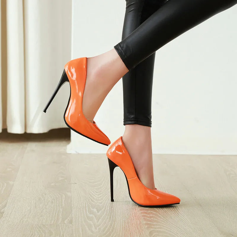 Women’s Pumps Classic Sexy Thin High Heels 12cm Patent Leather Stiletto Pointed Toe Party Elegant Office Shoes Big Size 34-48