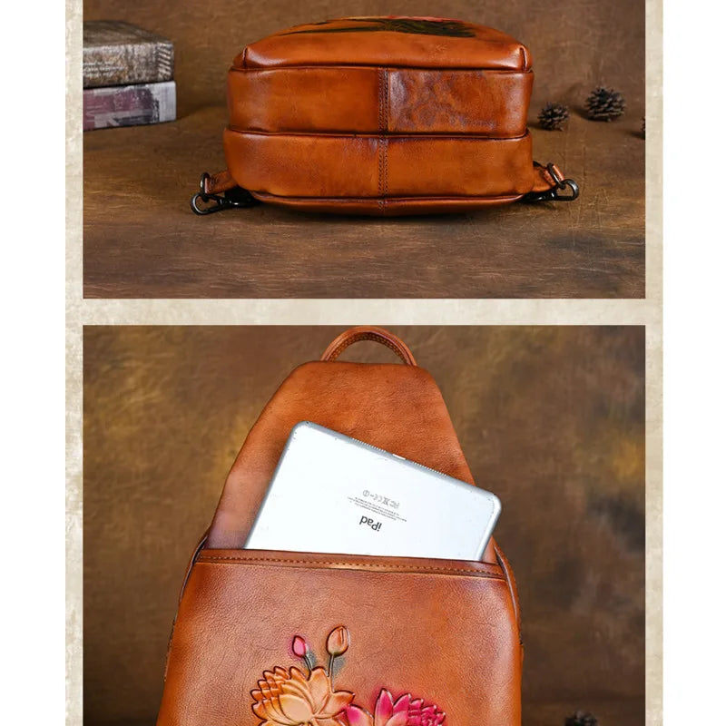 MOTAORA Genuine Leather Backpack Women Retro Embossed Cowhide Shoulder Bag Travel Backpack Casual Work & Luxury Purse