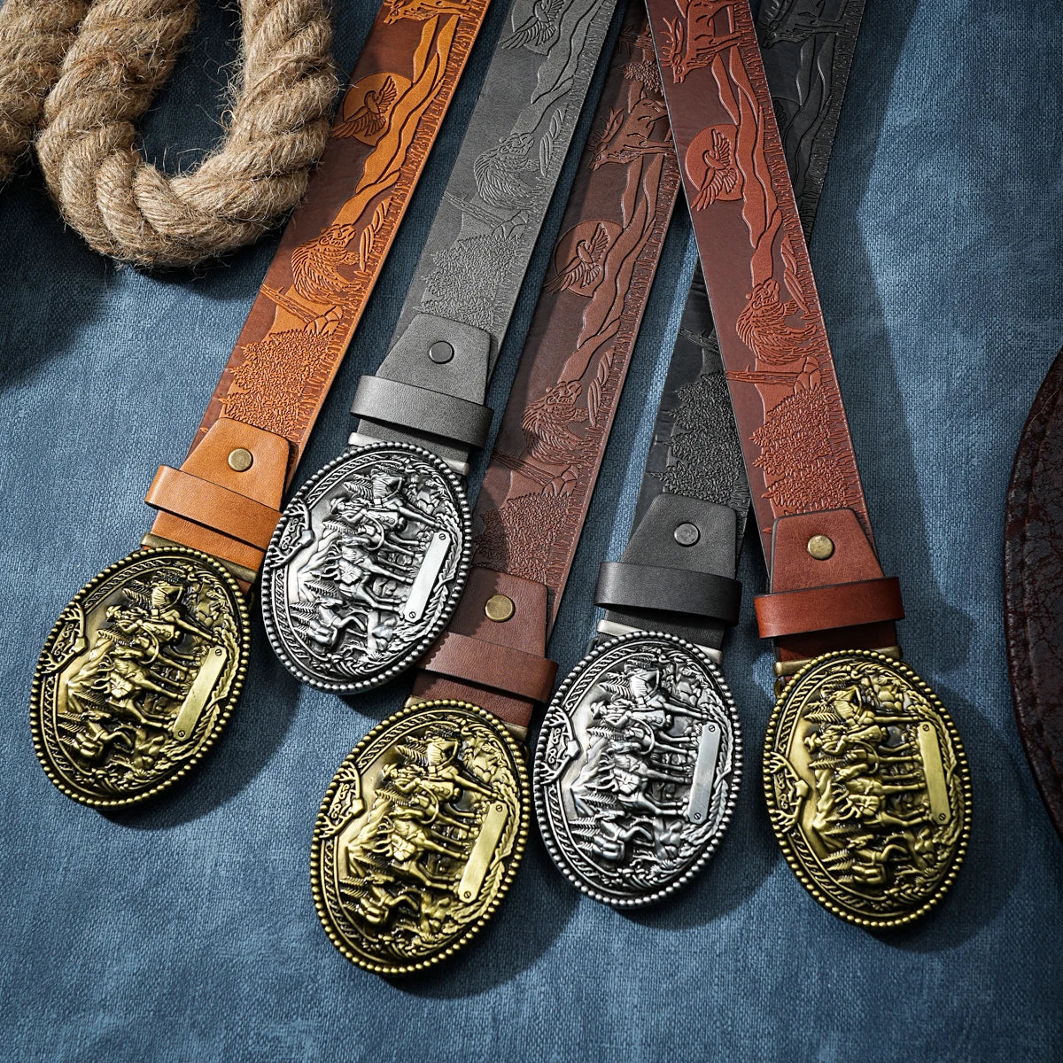 Men & Women-Western-Cowboy-PU Leather-Belts - Vintage Belt Floral Engraved Buckle Belt for Jeans