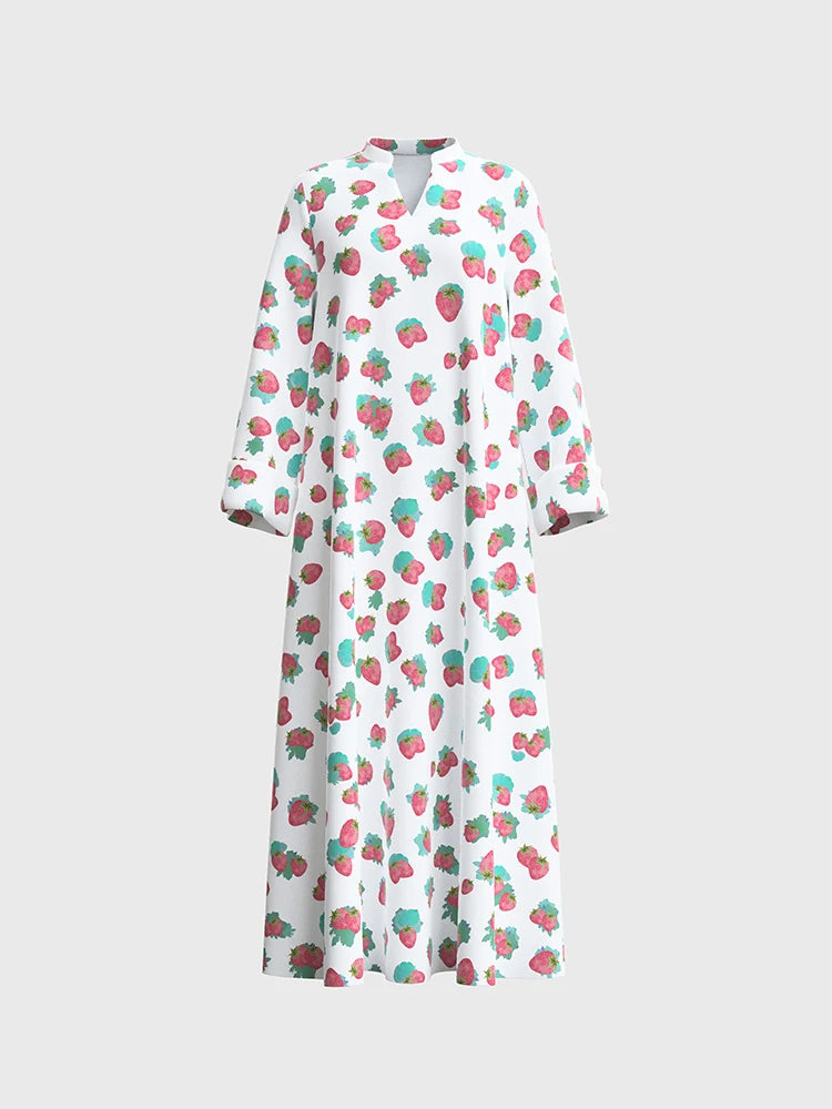 Rafiah Women's Arabian Dress Even Dress 2025 Summer Edgy Sweet Strawberry Print Long Sleeve V-Neck Loose Fit Long Dress