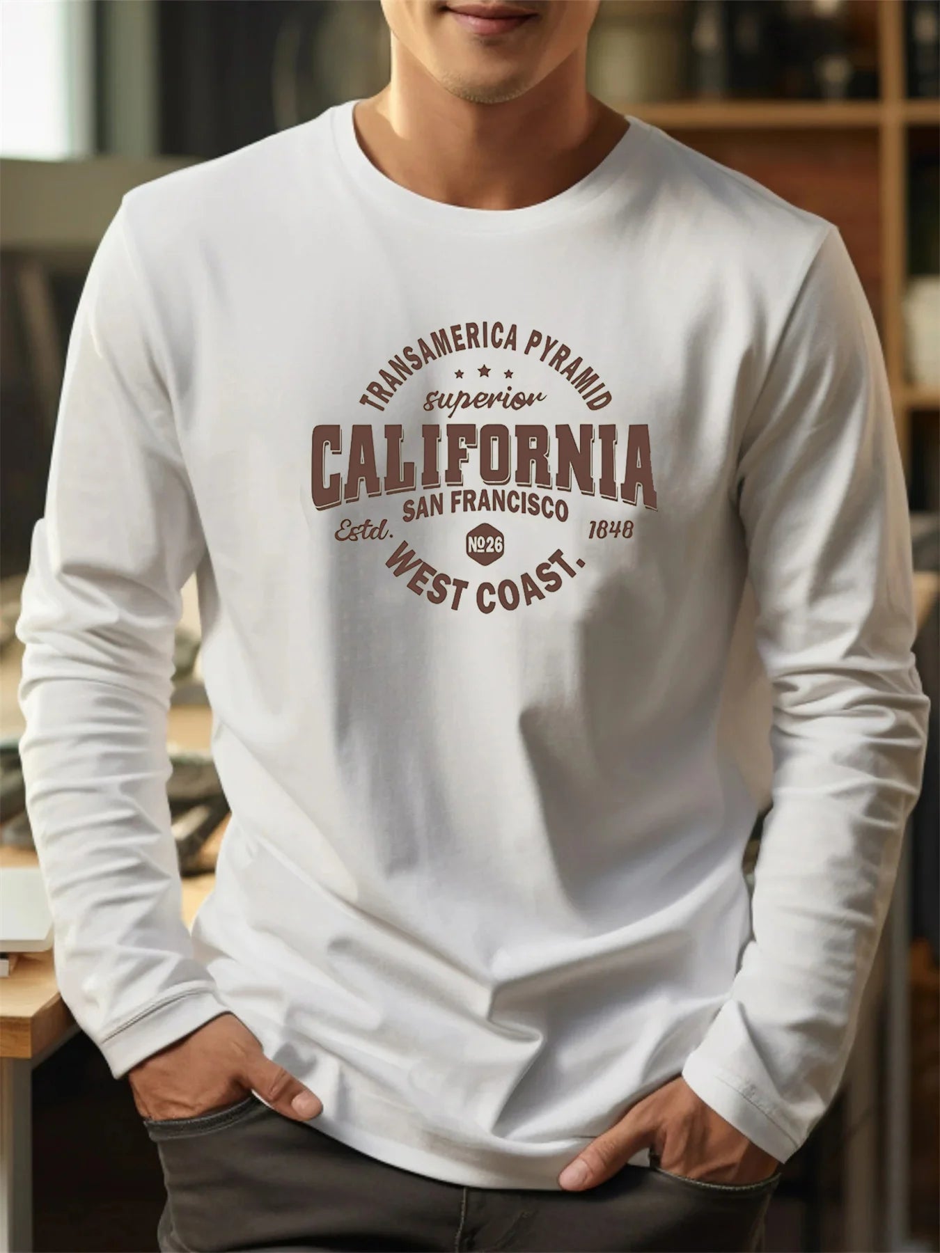Men's 100% pure cotton loose fit comfortable sports and leisure California West Coast printed round neck long sleeved T-shirt