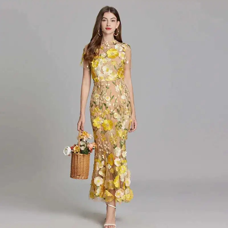 French Luxury 3D Flower Fishtail Lace Prom Dress – Women's Summer Short Sleeve Midi Evening Dress