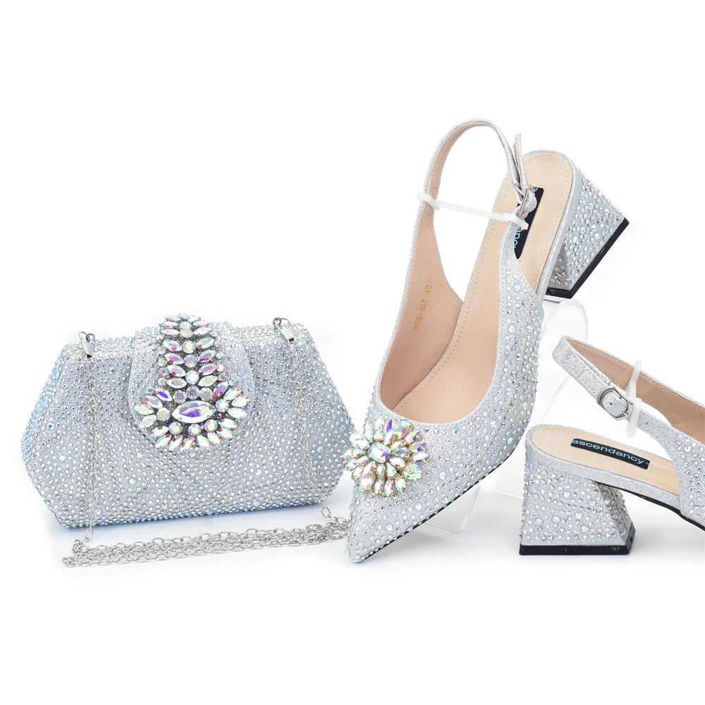 Elegant Baldauren Women’s Italian-Style Pointed Toe Slingback Pumps with Crystal Rhinestones & Matching Bag – African Party & Wedding Set (Sizes 37-43)