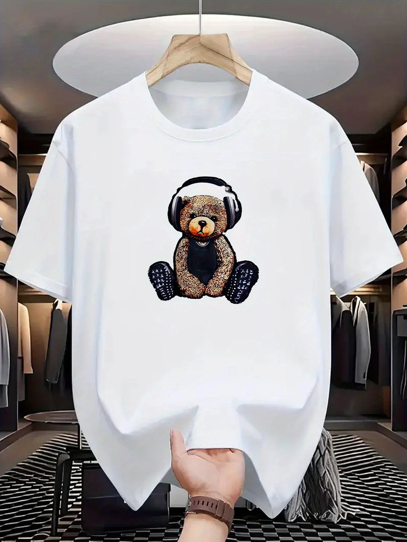 Men's Summer 100% Cotton Fashionable Casual Sports Loose Teddy Bear Headphones Print Round Neck Short Sleeve T-shirt Top
