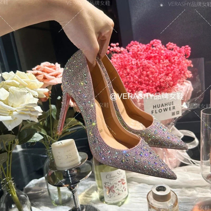 Crystal red soled high heels, black pointed shallow mouth single shoes, thin heels, evening temperament women's shoes