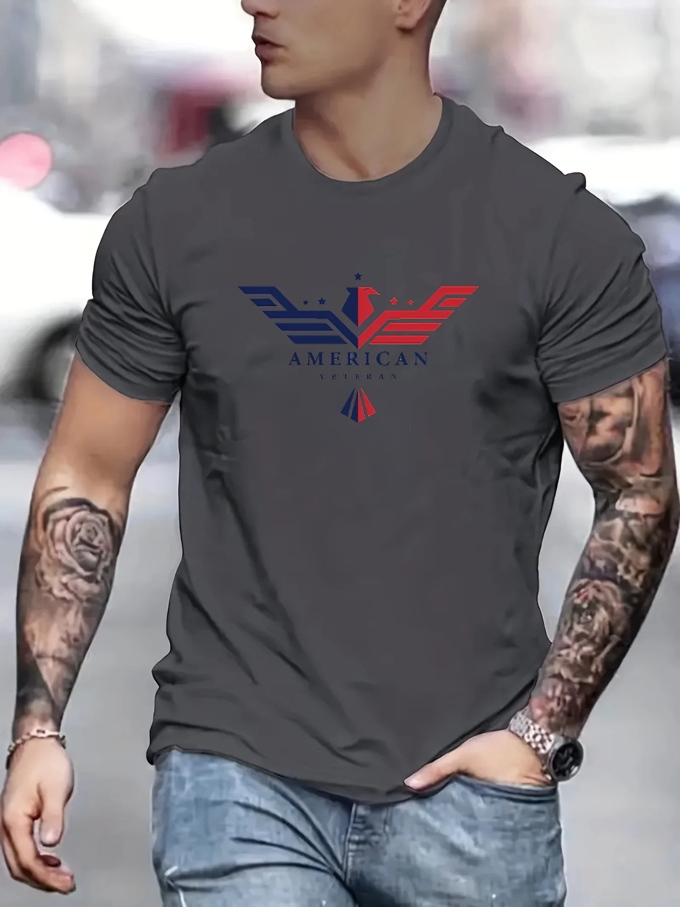 Men’s Summer 100% Cotton Bald Eagle USA Print T-Shirt
