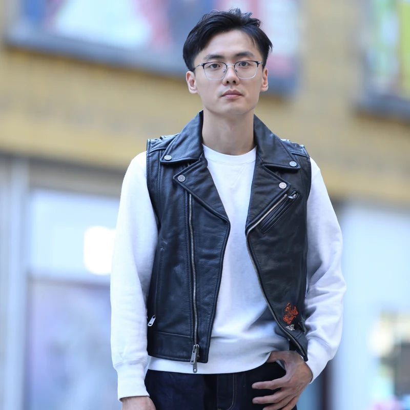 Slim street leather undershirt casual head layer cowhide vest men women couple models motorcycle sleeveless jacket