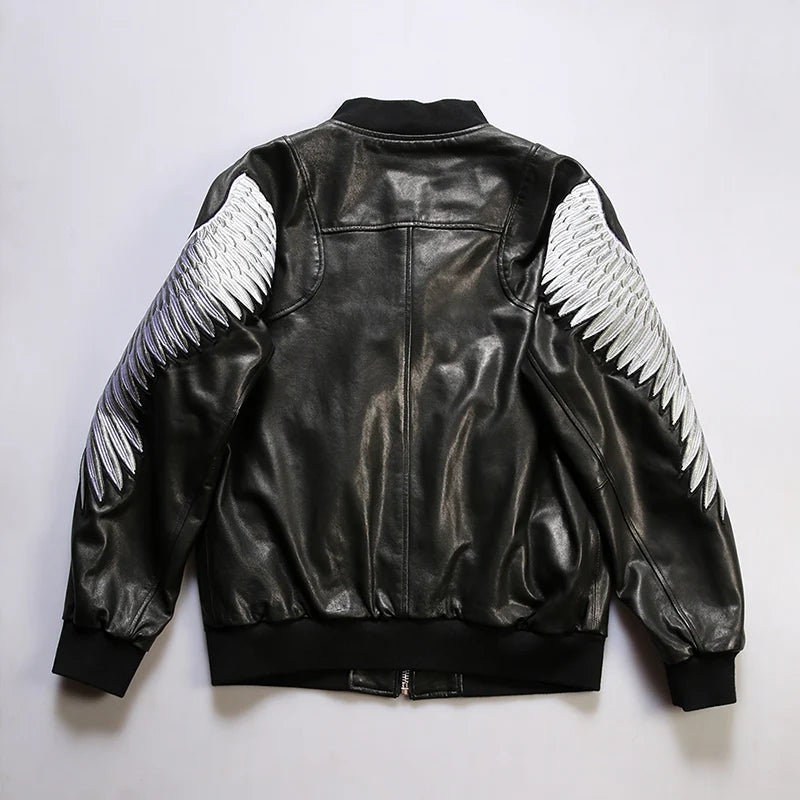 Embroidered eagle wings leather baseball jersey men stand-up collar full vegetable tanned sheepskin genuine leather jacket tops