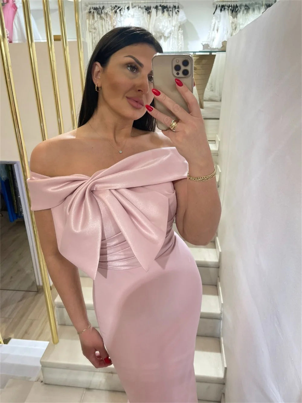 Mila Pink Off Shoulder Prom Dress Mermaid Short Sleeve Customized Luxurious Women Evening Dresses Tra-length vestidos de fiesta