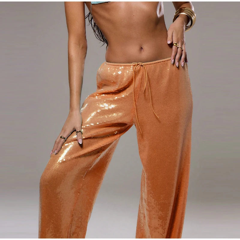 Loose Solid Color Sequin Pants Woman Cinched Waist Glitter Straight Baggy Long Pants Casual Street Chic Sparkle Women's Trousers