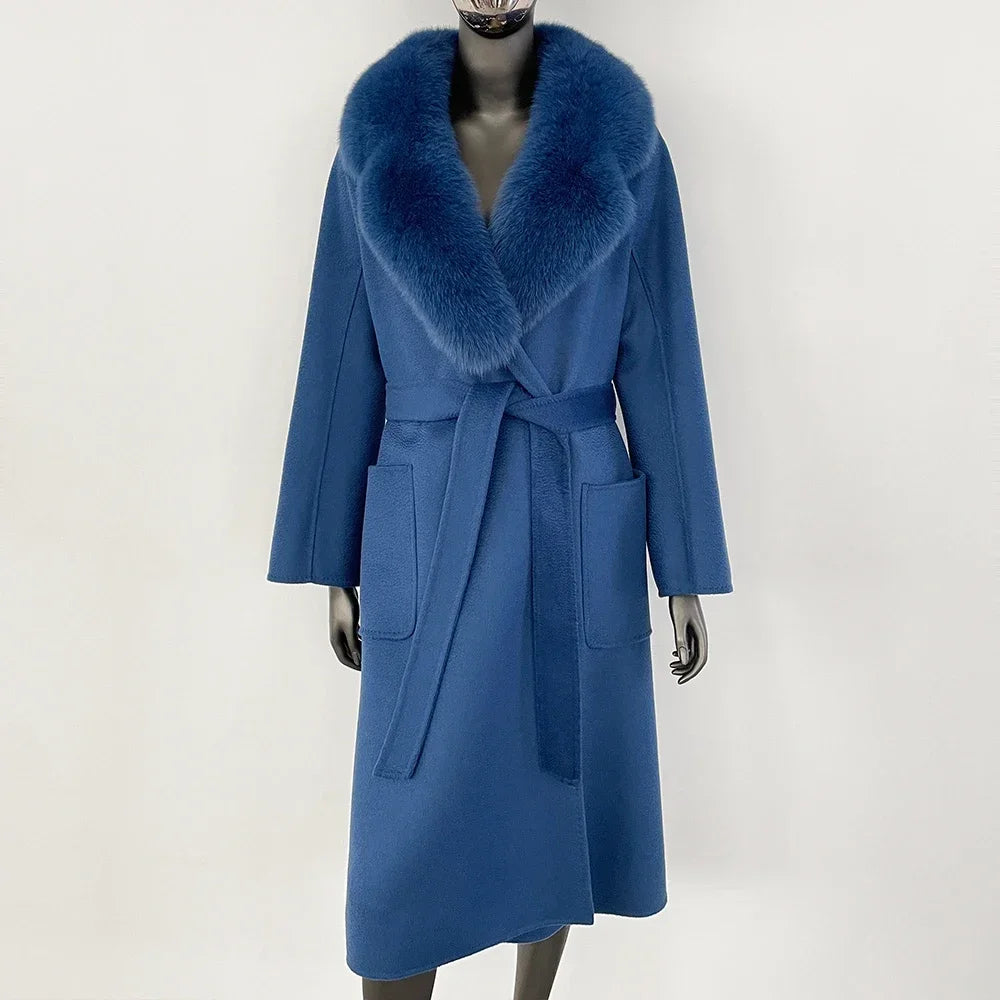 GENHUA 2025 New Casual Fur Coat for Ladies Winter Wool Long Fur Ladies Natural Real Fox Fur Collar Jacket for Ladies Warm Coat