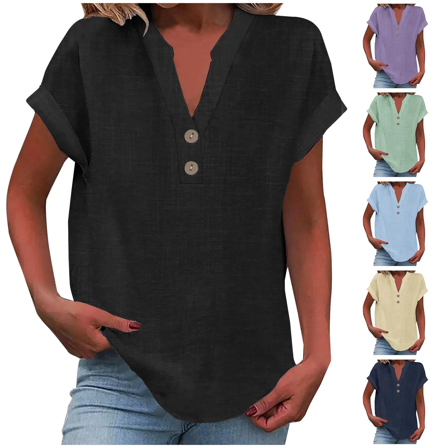Cotton Linen Short Sleeved Breathable Shirt Summer Solid Color Fashion Stand Up Collar Button Down Women's Casual Office Shirt
