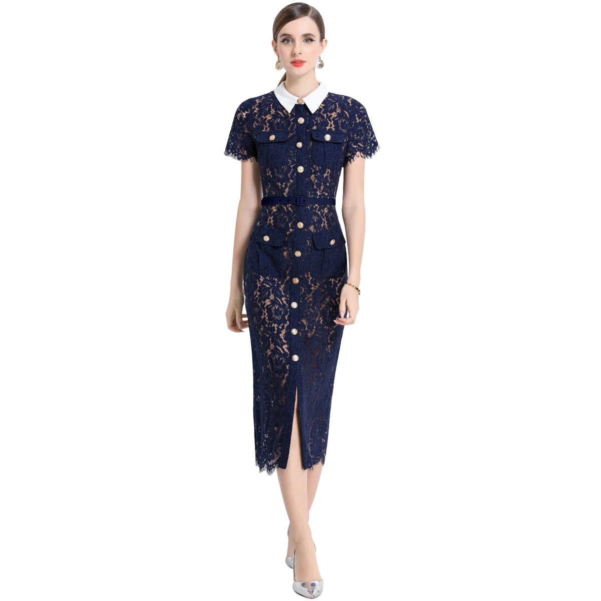 Formal Luxury Evening Long Dress Women Summer Autumn White Peter Pan Collar Hollow Out Blue Pencil Embroidery Lace Dress Party