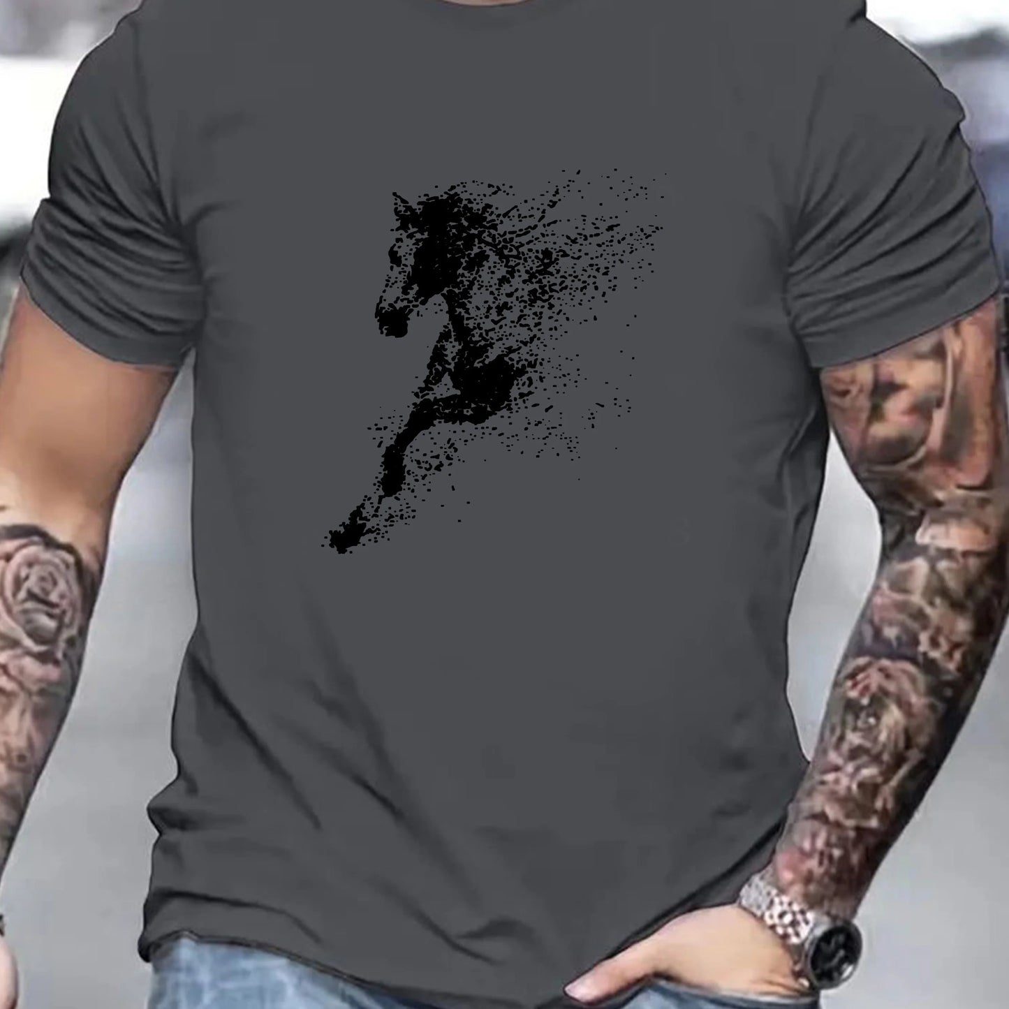 Men's Summer 100% Cotton Fashionable Casual Loose Large Black Horse Pattern Printed Round Neck Short Sleeve T-shirt Top