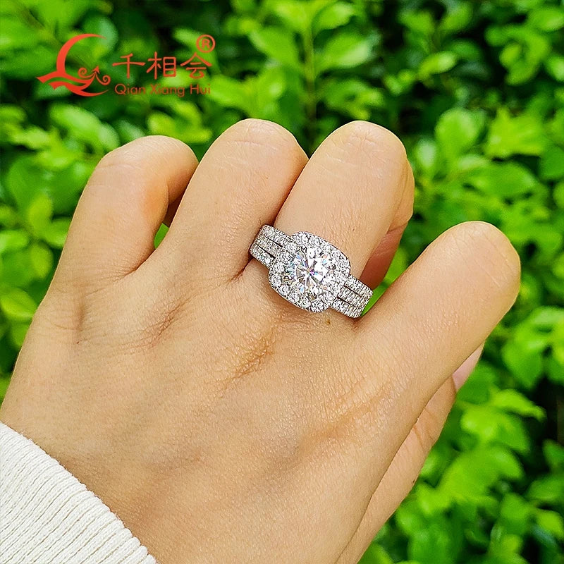 2ct 8mm cushion Moissanite Ring three rows half Band 925 Silver hip hop Men women Diamonds Male Jewelry