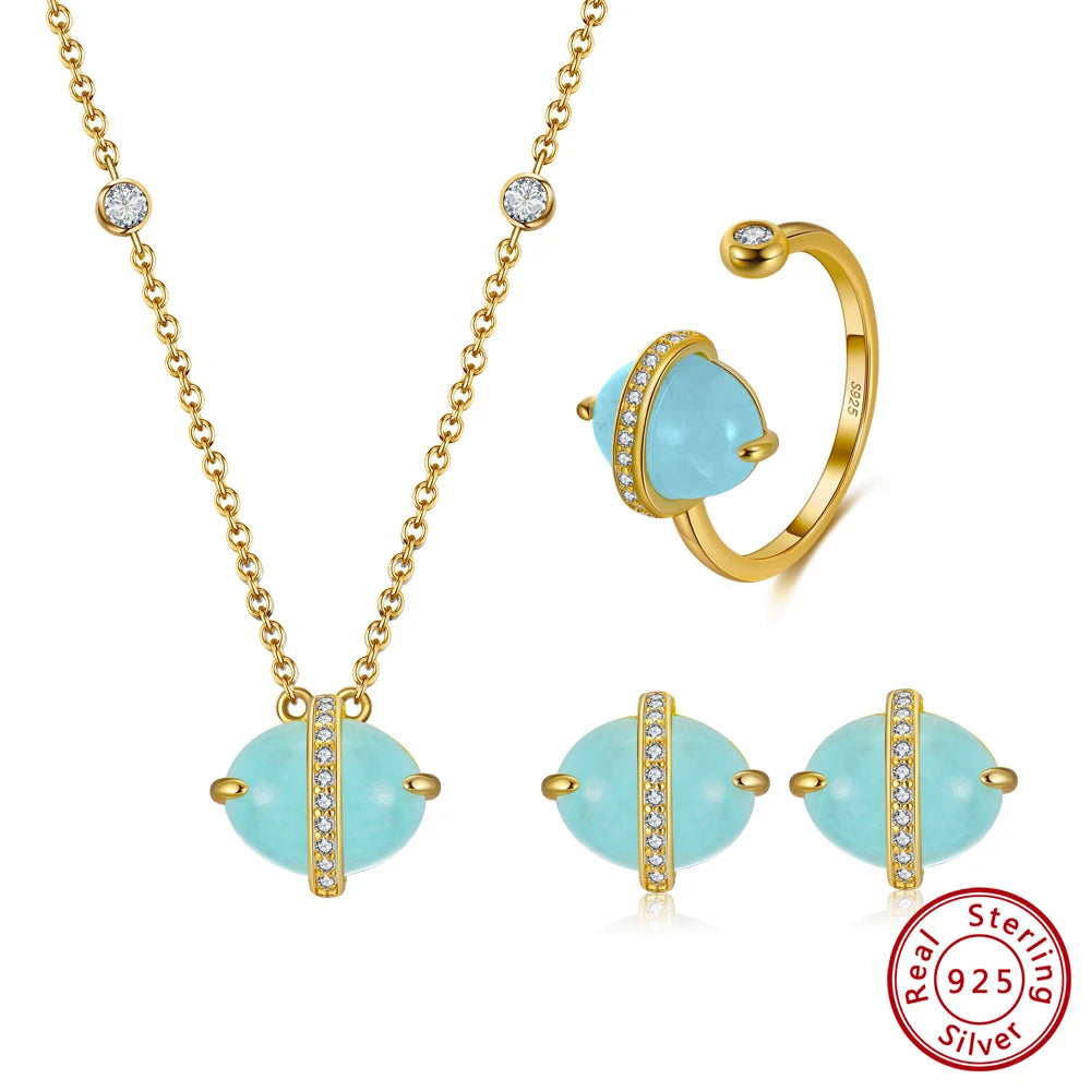 ORSA JEWELS 925 Sterling Silver Natural Aquamarine Earrings Necklace Ring Set 14K Gold Plated for Women Jewelry Sets Gift SSGM04