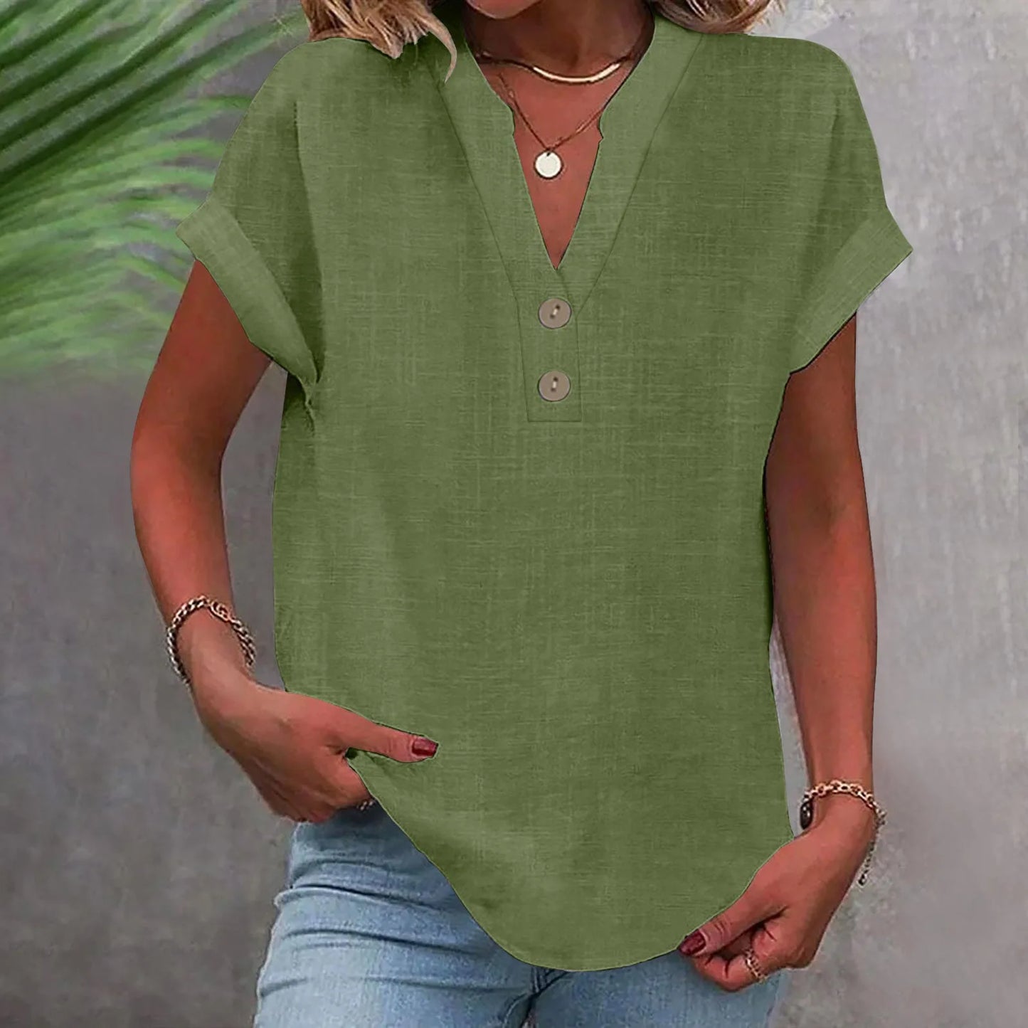 Cotton Linen Short Sleeved Breathable Shirt Summer Solid Color Fashion Stand Up Collar Button Down Women's Casual Office Shirt