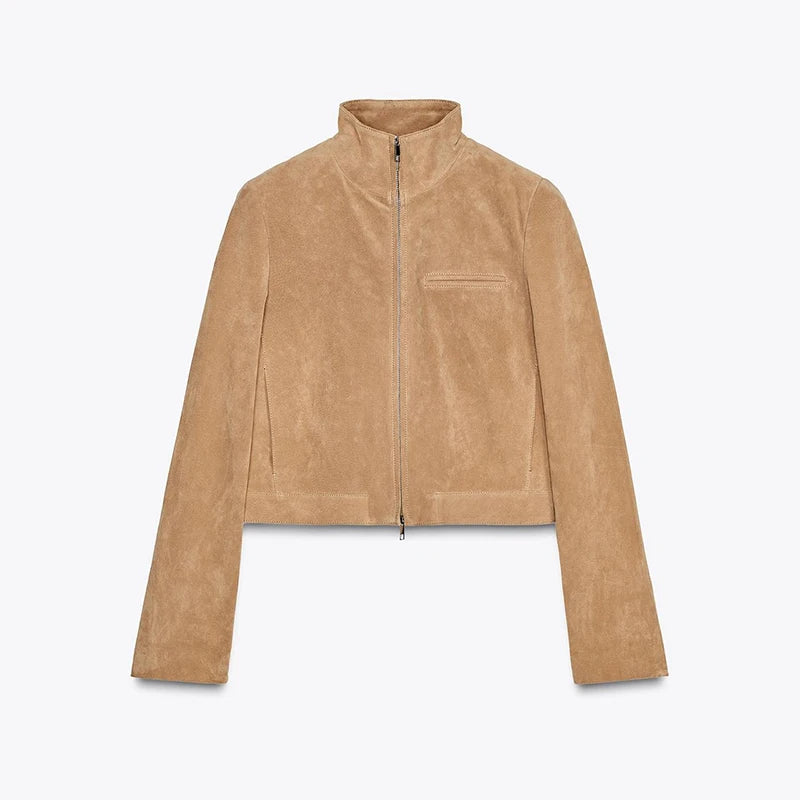 Street Women's Suede Bomber Jacket Fashion Lapel Zipper Full Sleeve Female Coats 2025 Spring Lady Casual Commute Vintage Outwear