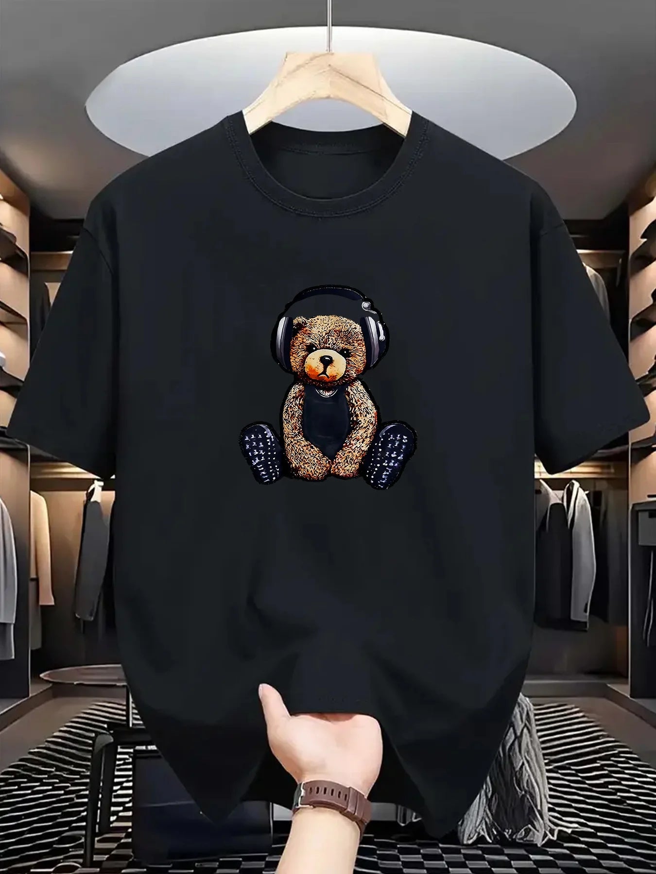 Men's Summer 100% Cotton Fashionable Casual Sports Loose Teddy Bear Headphones Print Round Neck Short Sleeve T-shirt Top