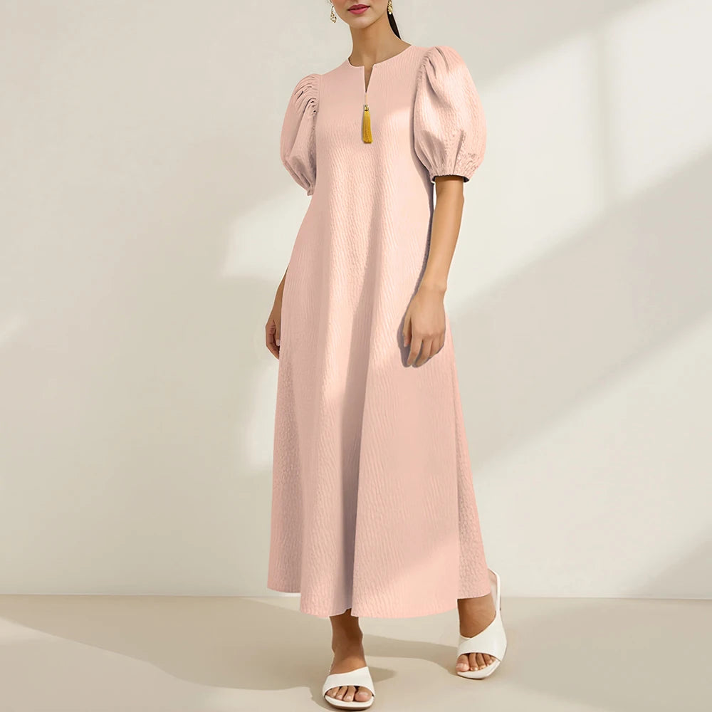 Rafiah Women's Summer 2025 Arabian Dresses Solid Color Textured Split Neck Bubble Sleeve Ruffle Hem Tassel Trim Dresses
