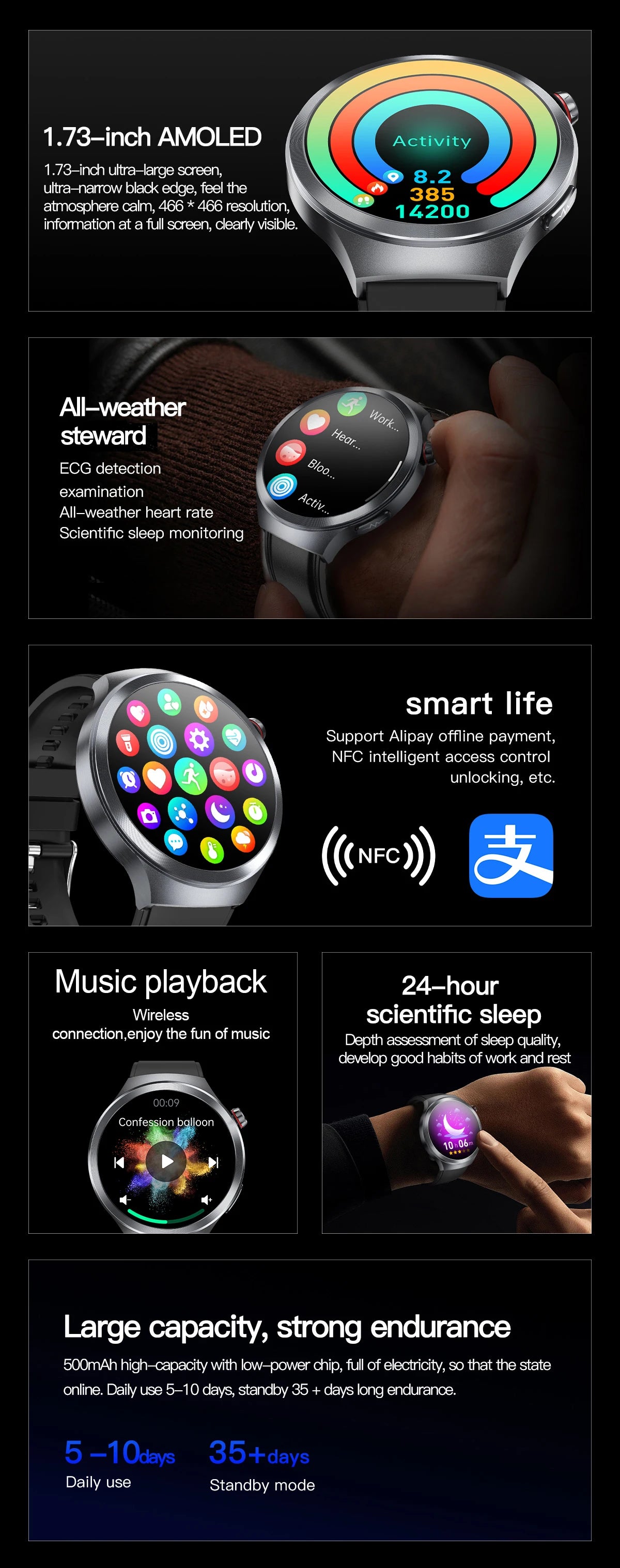 LIGE 2025 ECG Smart Watch Men 1.73” AMOLED Screen Emotional Detection Fatigue Monitoring Watches NFC Access Control Smartwatch
