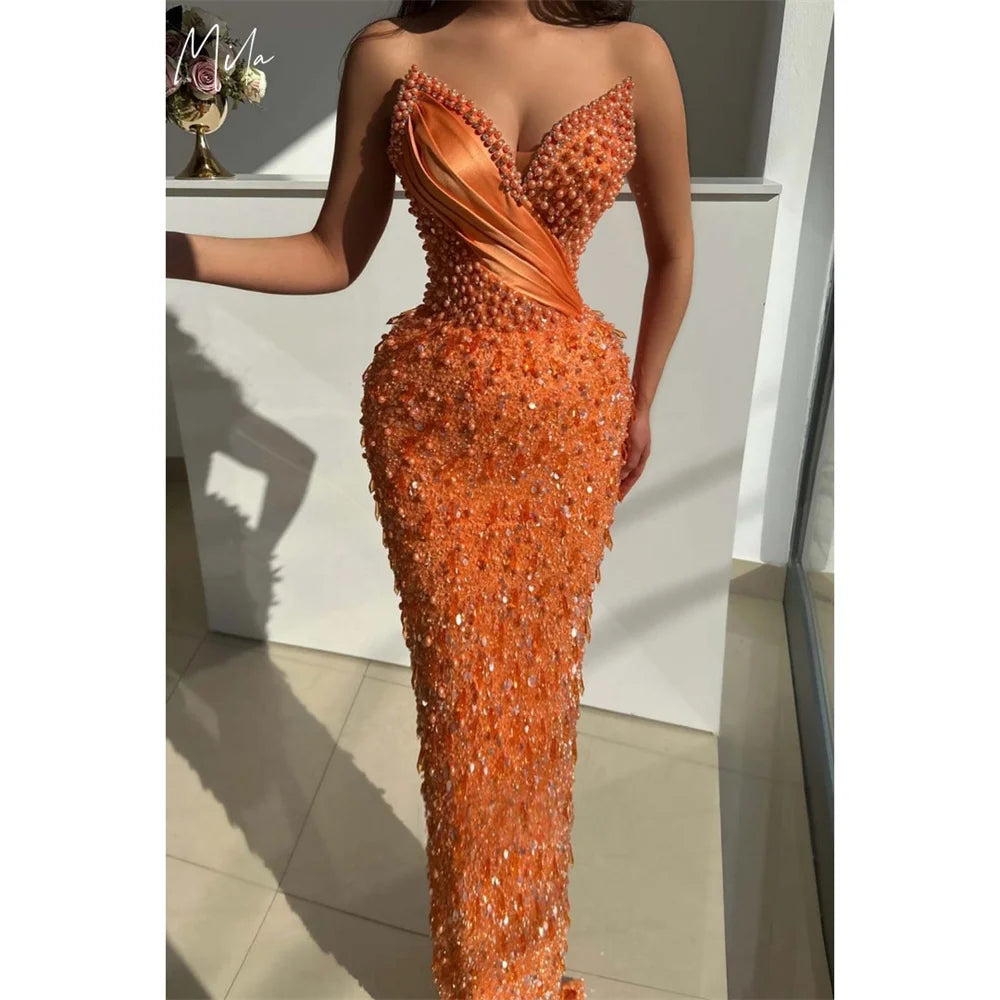 Mila Sweetheart Neck Customized Orange Evening Dresses Sleeveless Beaded Prom Dress 2025 Sexy Mermaid Wedding Party Formal Gowns
