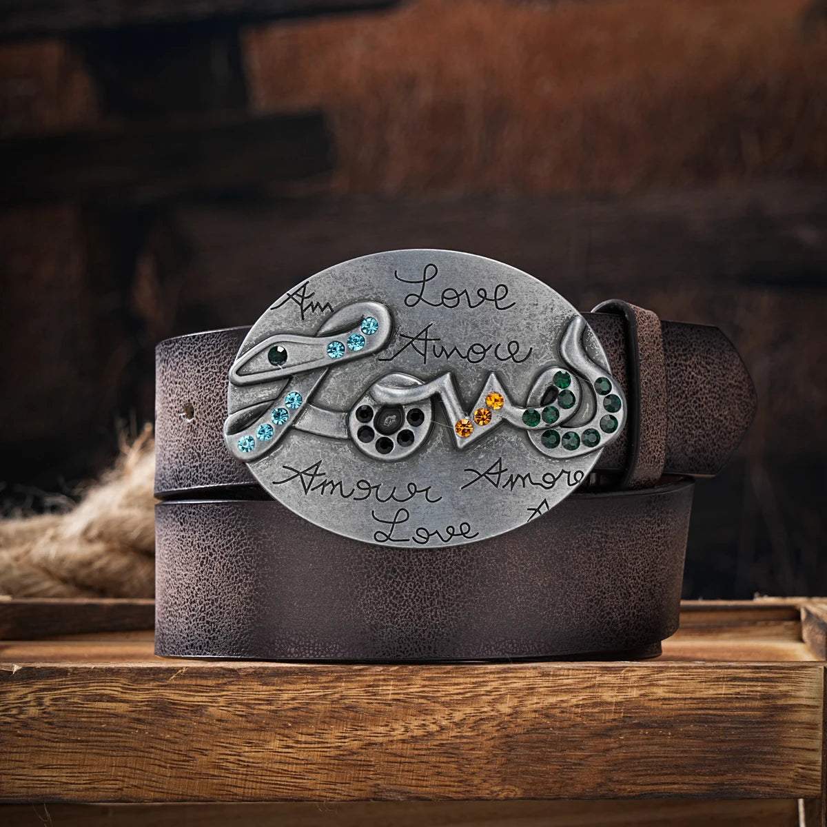 Men & Women Vintage Western PU Leather Belt with Floral Engraved Buckle