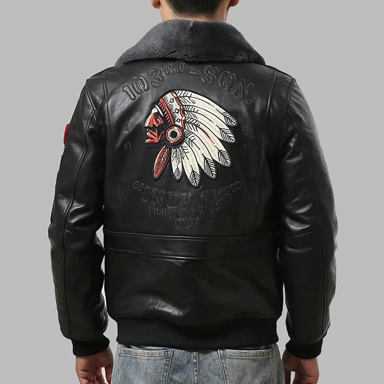 Sheepskin G1 Pilot Clothing Leather Jacket Wool Collar Indian Portrait Embroidery men's Genuine Leather coat Casual Fashion top