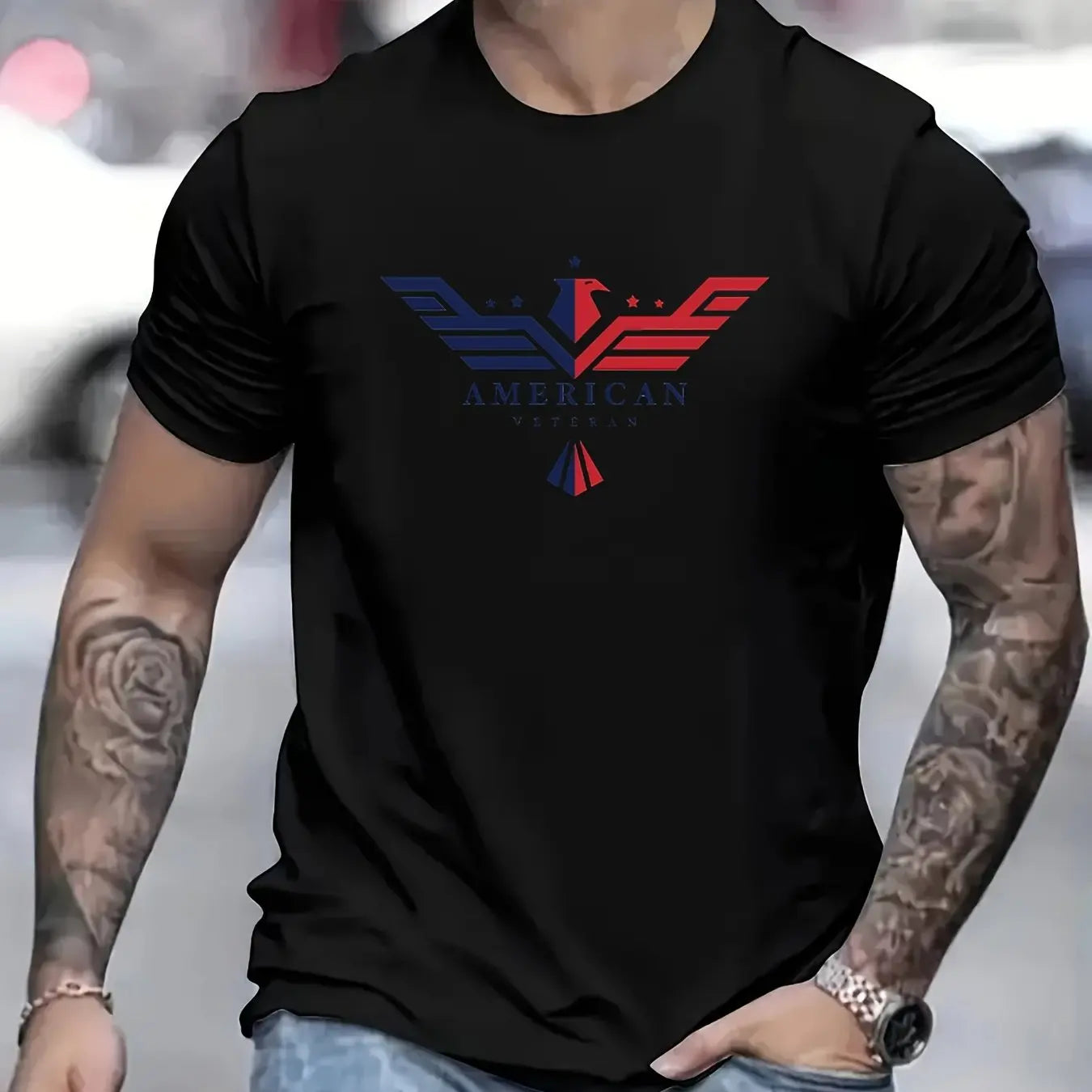 Men’s Summer 100% Cotton Bald Eagle USA Print T-Shirt