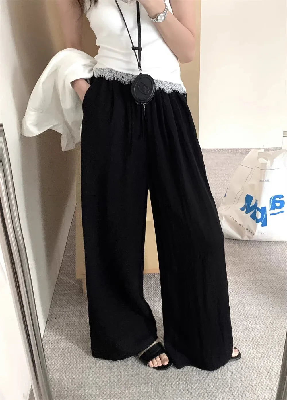 Slimming Wide Leg Cotton Linen Loose Fit Thin High Waist Casual Solid Color Summer Trousers for Women Elegant Drapey Style