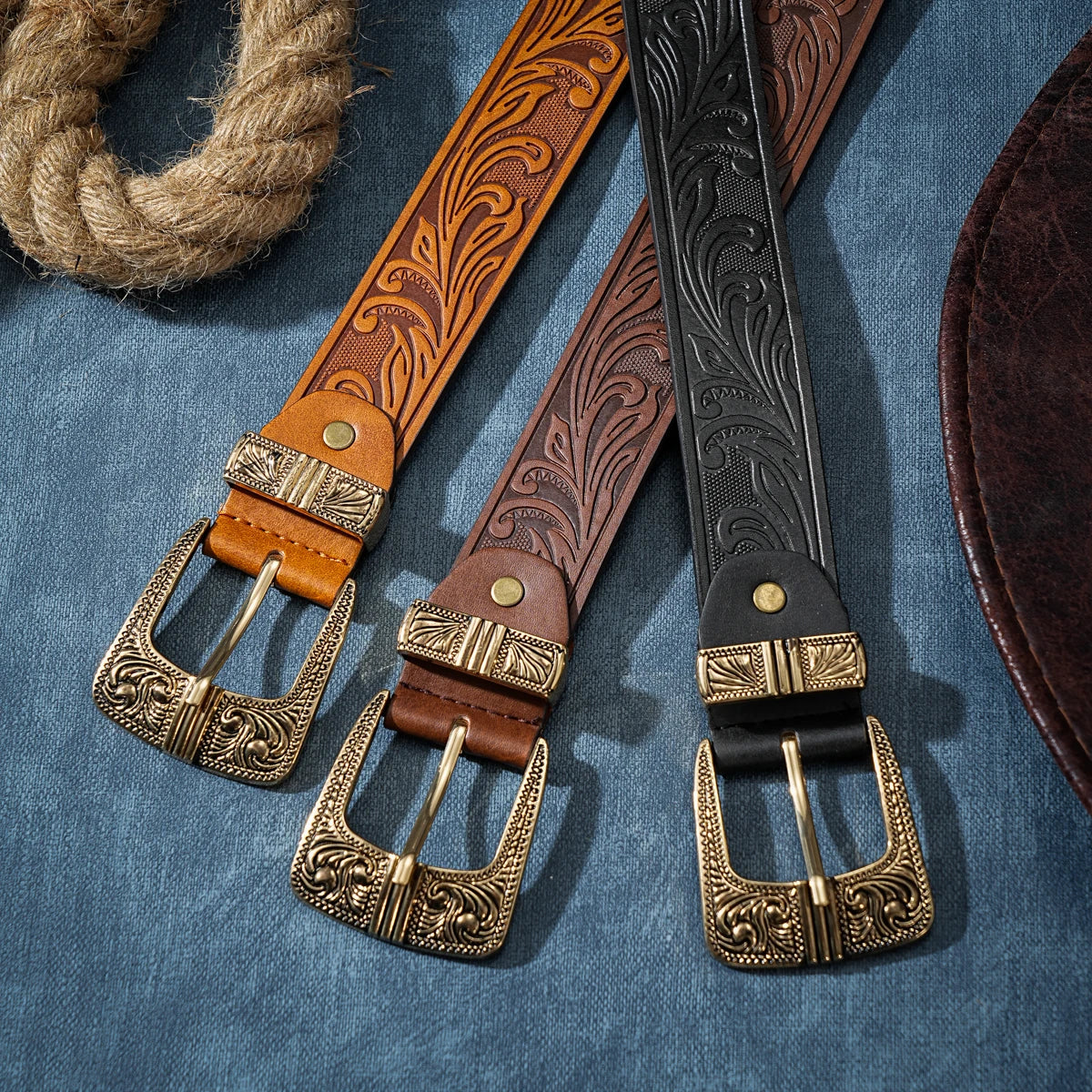 A casual, individual and retro belt, Western-style clothing accessory, metal buckle, PU belt, suitable for both men and women