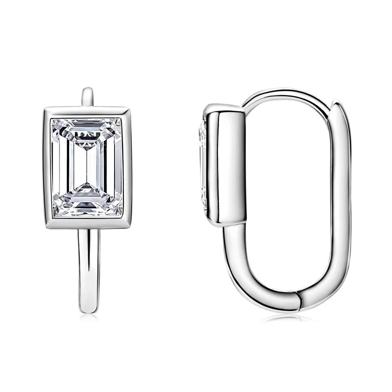 Lnngy 925 Sterling Silver U-shaped Hoop Earrings Emerald Cut 5*7mm Moissanite Earring For Women Girls Korean INS Jewelry Gift