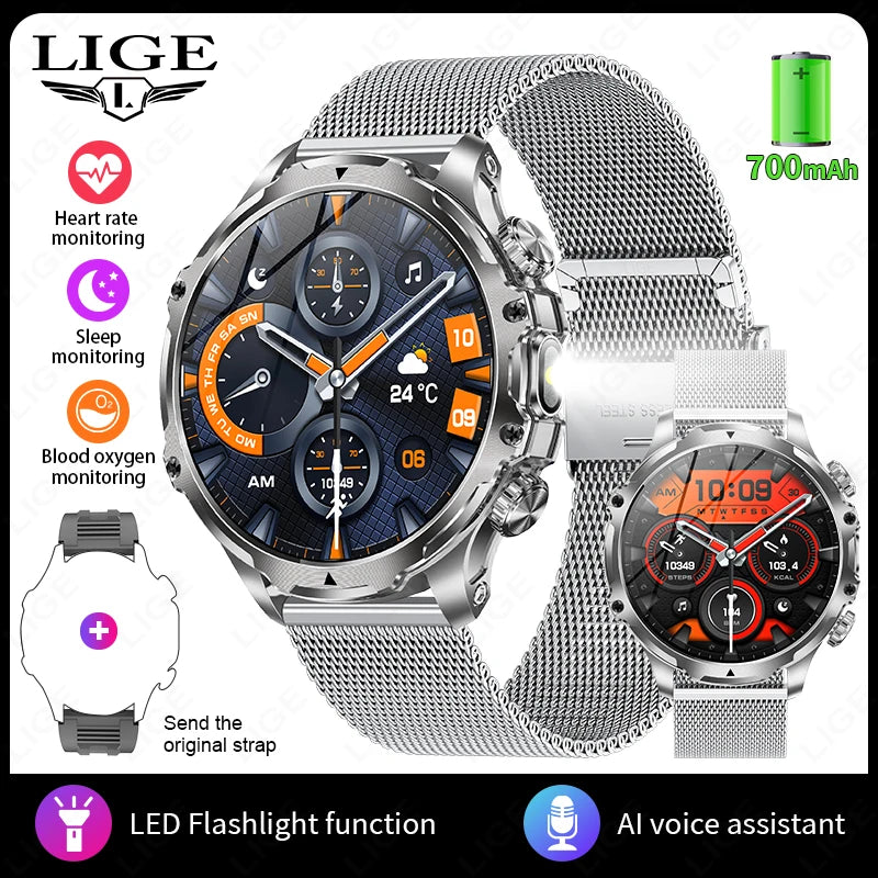 LIGE New 1.9" AMOLED 416*416 Screen Smart Watches Flashlight Outdoors Sports Fitness Tracker 700mah Large Battery Men Smartwatch