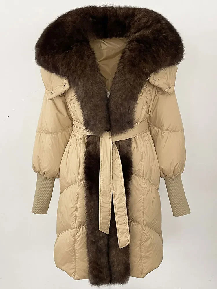 2025 Autumn Winter Women Coat Real Natural Fox Fur Long Down Jacket Thick Warm Casual Hooded White Duck Down Elegant Overwears
