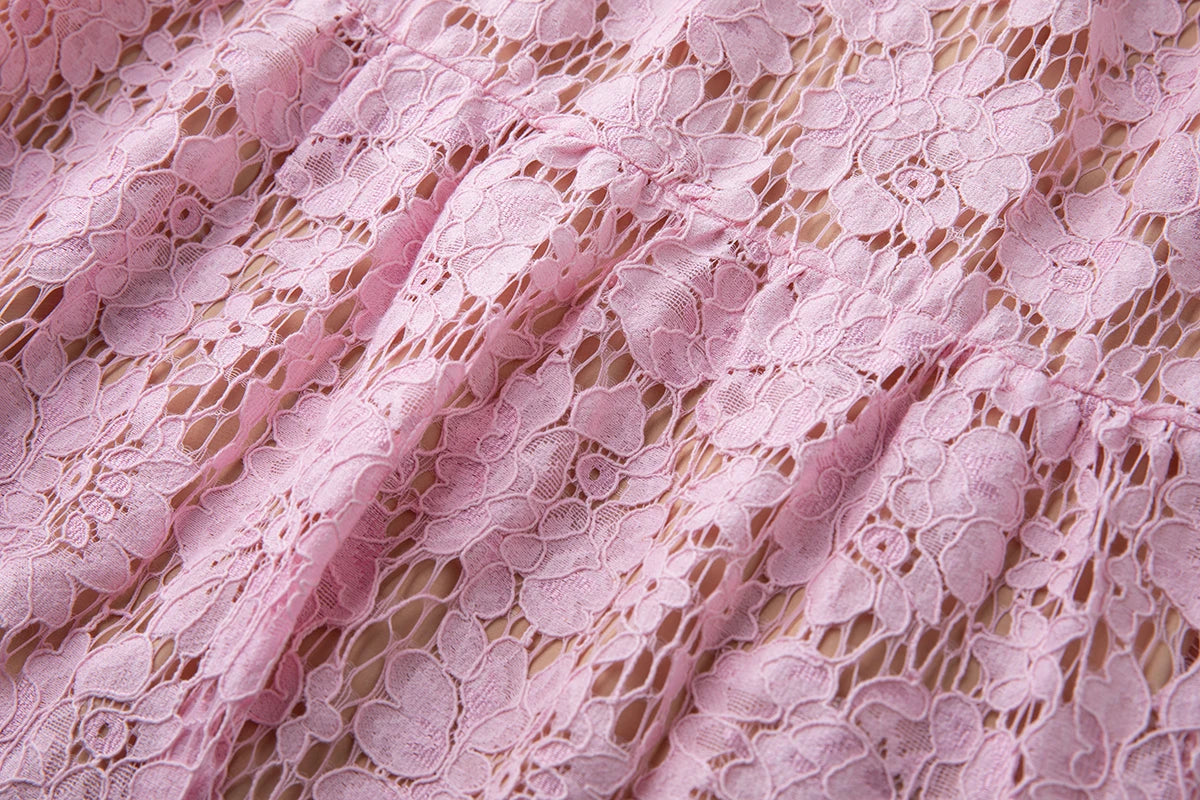 Luxury Eyelash Lace Mid-Calf Party Dress – Women’s Summer Short Sleeve A-Line with Crystal Beading, Hollow-Out Design – Pink Bridesmaid & Prom Gown