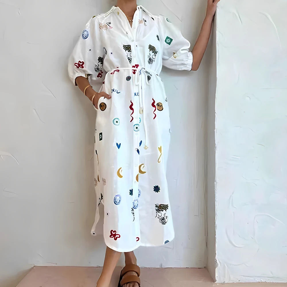 Rafiah Women's Summer Arabian Dress Comfortable Full Print Single Breasted Lace-Up Puff Sleeve Shirt Collar Midi Casual Arabian