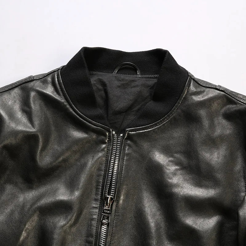 Embroidered eagle wings leather baseball jersey men stand-up collar full vegetable tanned sheepskin genuine leather jacket tops