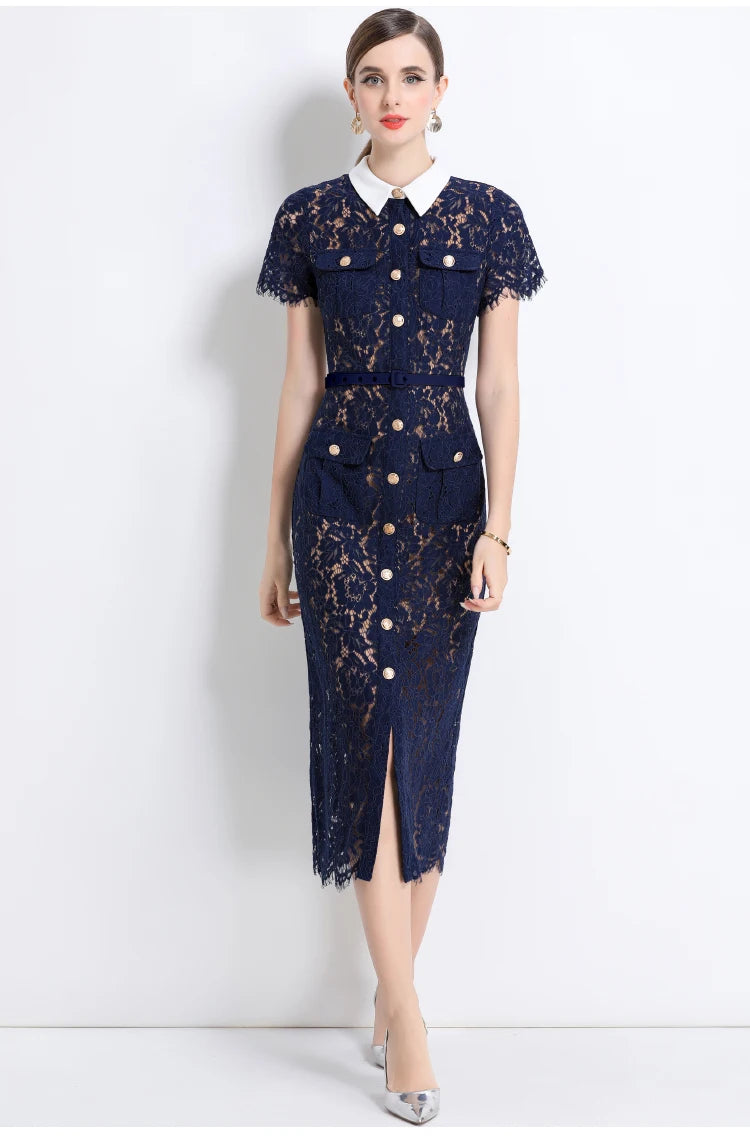 Formal Luxury Evening Long Dress Women Summer Autumn White Peter Pan Collar Hollow Out Blue Pencil Embroidery Lace Dress Party