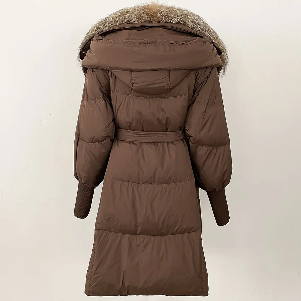 2025 Autumn Winter Women Coat Real Natural Fox Fur Long Down Jacket Thick Warm Casual Hooded White Duck Down Elegant Overwears