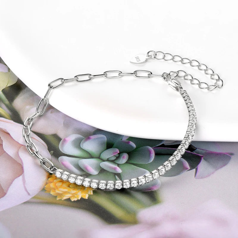 Lnngy 2mm Moissanite Bracelet Korean Ins 925 Sterling Silver Paper Clip Chain Adjustable Bracelets For Women Simple Hand Jewerly