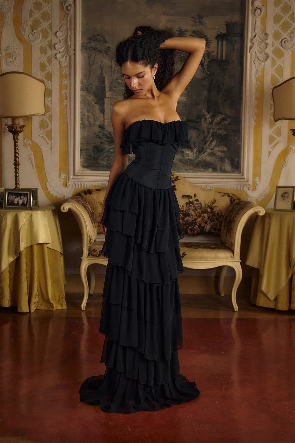 Mila Strapless Prom Dress Sleeveless Cascading Ruffles Customized Luxurious Women Evening Dresses Chiffon vestidos de fiesta