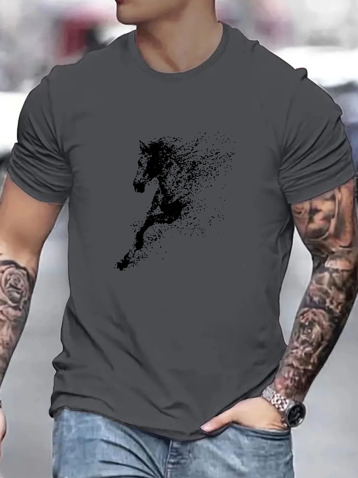 Men's Summer 100% Cotton Fashionable Casual Loose Large Black Horse Pattern Printed Round Neck Short Sleeve T-shirt Top