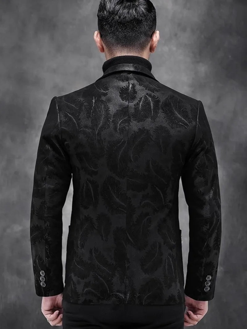 Business Men Work Slim Fit Real Sheepskin Genuine Leather Jacket Spring Autumn Floral Printed Single Breasted Blazer Suit Coat