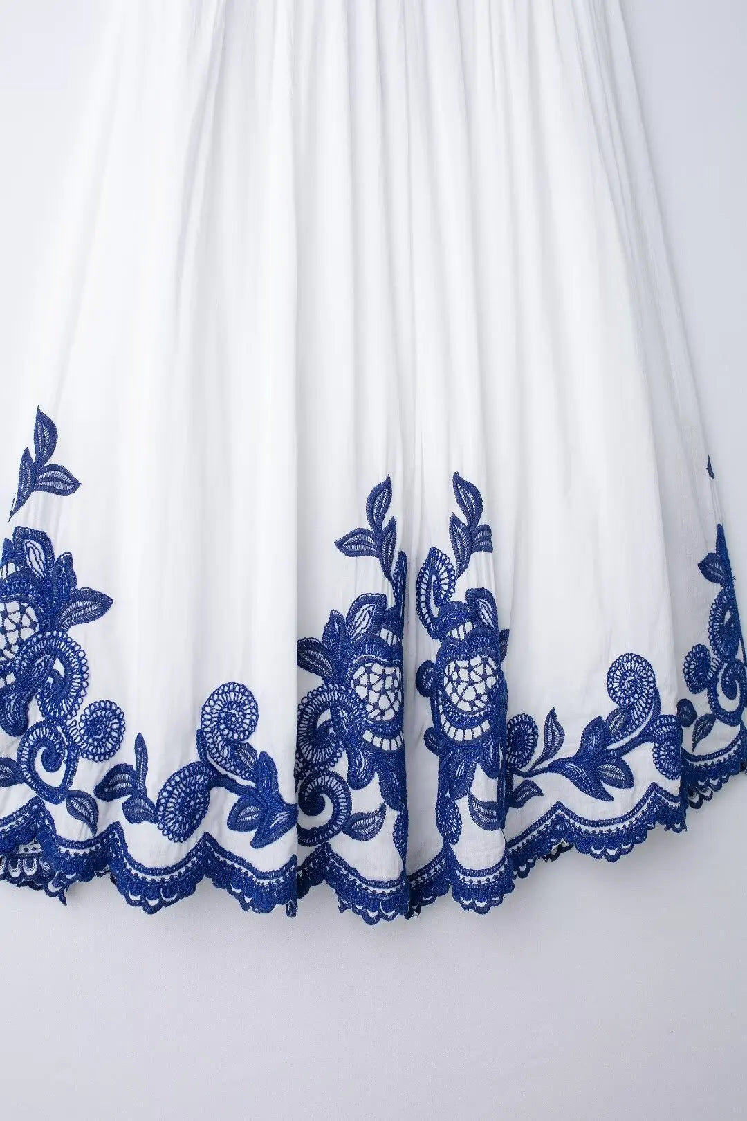 TRAFZA 2024 Women Skirt Set Blue Embroidery Three Quarter Bat Sleeve Shirt +Folds A Line Long Skirt Casual Loose Beach Holiday