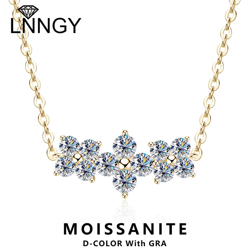 Lnngy 925 Sterling Silver Elegant Four-Leaf Clover Pendant Necklace 3mm&2.5mm Round Moissanite Necklaces for Women Jewelry Gift