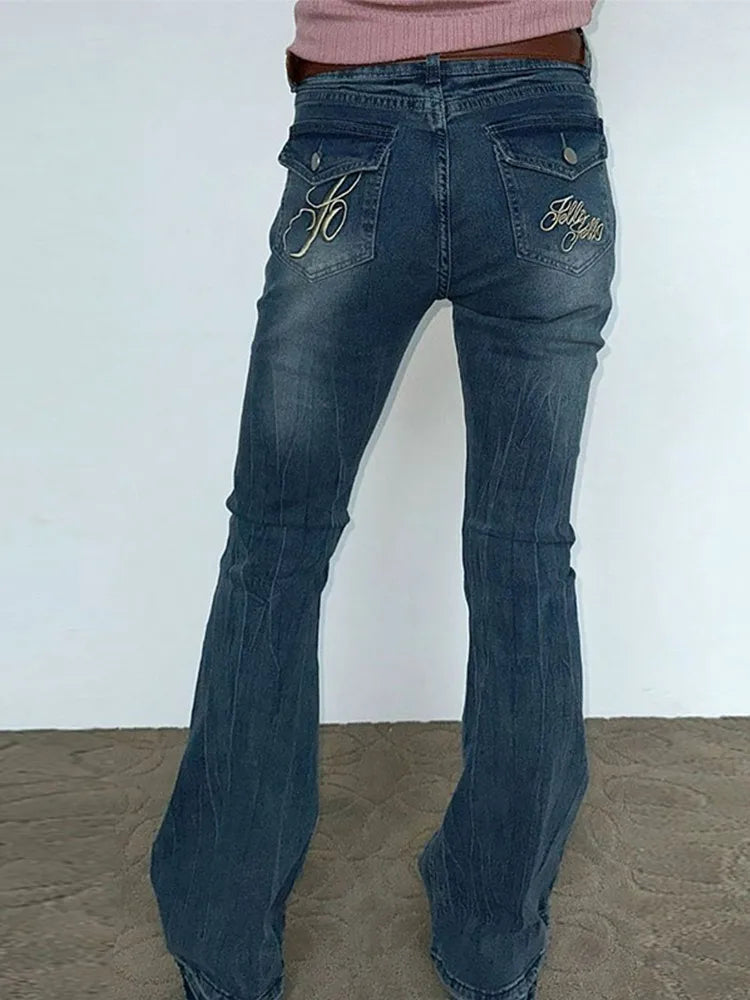 Vintage Women's Denim Low Rise Slightly Flared Jeans Pant Retro Pattern Printed Trendy Skin Fit Casual Daily Streetwear Trousers