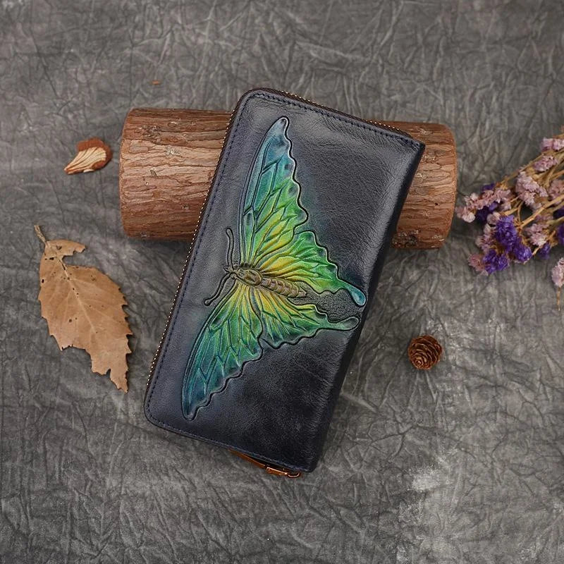 MOTAORA Ladies Retro Butterfly Embossed Wallet Women's Genuine Leather Zipper Pouch Female Cowhide Card Holder Girls Long Purse